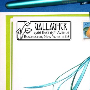 Sello de dirección autoentintado, estilo Rennie Mackintosh, hojas Art Déco, sello de dirección de devolución autoentintado personalizado, sello de estilo artes y artesanías