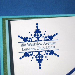 Zelfinktende sneeuwvlokstempel, vakantieadresstempel, retouradres winterhuwelijk, nieuwjaarsstempel, sneeuwvlok, kerstkaarten 11