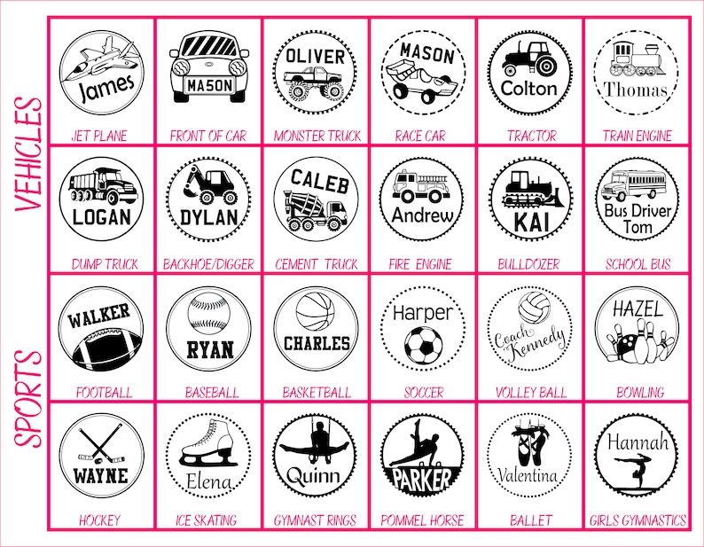 May include: A chart featuring black and white illustrations of vehicles and sports. The chart is divided into two sections: Vehicles and Sports. Each section contains nine images with a name and a description beneath each image. The vehicles include a jet plane, front of car, monster truck, race car, tractor, train engine, dump truck, backhoe/digger, cement truck, fire engine, bulldozer, school bus. The sports include football, baseball, basketball, soccer, volleyball, bowling, hockey, ice skating, gymnast rings, pommel horse, ballet, girls gymnastics.