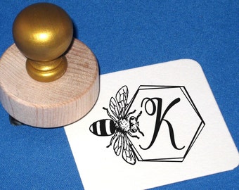 Honey Bee Personalized Stamp, Honey Bee Monogram, Stocking Stuffer, Honeycomb, Bumble Bee, Bee Rubber Stamp, Hexagon, Initial Stamp for Kids