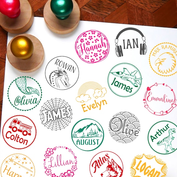 Kids Name Stamp, Childs Name Stamp, Personalized Gift for Kids Rubber Stamp Customized Name Stamp for Kids 1.5 inch round wood handle stamps