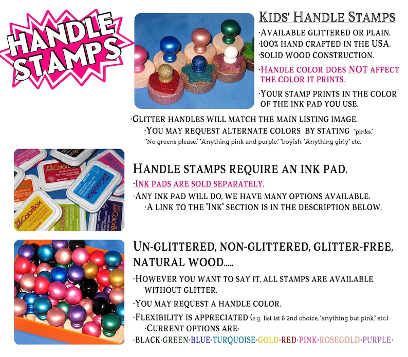 Puede incluir: Una colecci&oacute;n de sellos de mango de madera con opciones de brillo y sin brillo. Los sellos est&aacute;n disponibles en una variedad de colores, incluyendo negro, verde, azul, turquesa, dorado, rojo, rosa, oro rosa y morado. El texto en la imagen dice "HANDLE STAMPS" y "KIDS' HANDLE STAMPS".