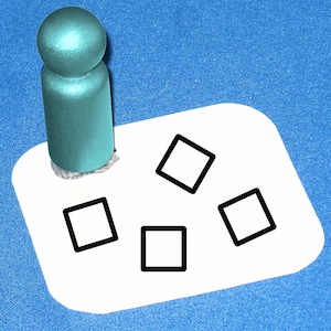 May include: A teal wooden peg doll stands on a white card with four black outlined squares. Three of the squares are oriented horizontally and one is oriented diagonally.