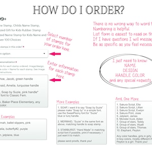 May include: A pink and white graphic with instructions on how to order a personalised rubber stamp. The graphic includes examples of different stamp designs and handle colours. The text reads "How Do I Order?" and "&pound;15.99+"
