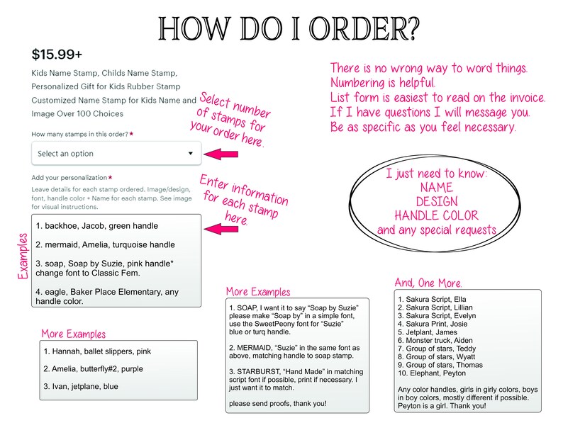 May include: A pink and white graphic with instructions on how to order a personalised rubber stamp. The graphic includes examples of different stamp designs and handle colours. The text reads "How Do I Order?" and "&pound;15.99+"