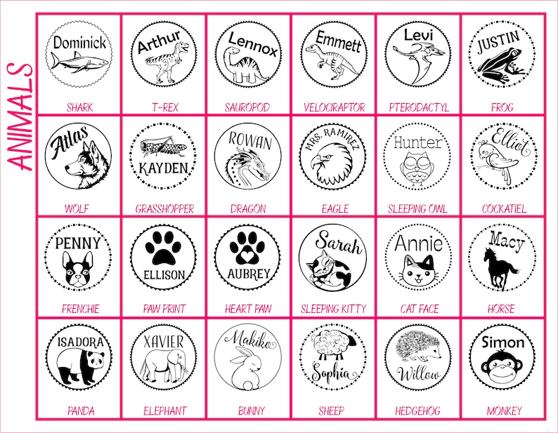 May include: A chart of 36 different animal stamps, each with a name and a black and white illustration of the animal. The animals include a shark, T-Rex, sauropod, velociraptor, pterodactyl, frog, wolf, grasshopper, dragon, eagle, sleeping owl, cockatiel, French bulldog, paw print, heart paw, sleeping kitty, cat face, horse, panda, elephant, bunny, sheep, hedgehog, and monkey.