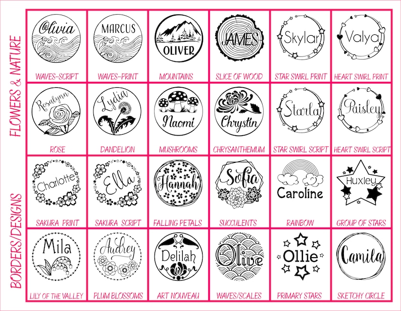 May include: A chart displaying 18 different stamp designs for creating personalised stationery. Each design features a unique border or pattern, such as waves, stars, hearts, flowers, and more. The chart includes names like Olivia, Marcus, Oliver, James, Skylar, Valya, Rosalynn, Lydia, Naomi, Chrystin, Starla, Paisley, Charlotte, Ella, Hannah, Sofia, Caroline, Huxley, Mila, Audrey, Delilah, Olive, Ollie, and Camila.