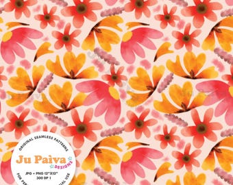 May include: A seamless pattern featuring watercolor-style flowers in shades of red, orange, and yellow on a light background. A circular white label in the corner displays the text: Original Seamless Patterns, Ju Paiva Designs, JPG, PNG 12x12, 300 DPI, For Personal & Commercial Use.