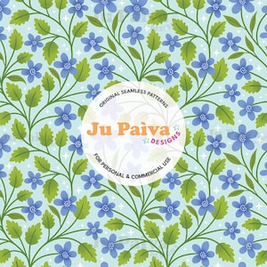 Mint Blue Foliage and Small Blue Flowers Seamless Pattern | Hand Drawn Floral PNG, Spring Digital File, Fabric Use