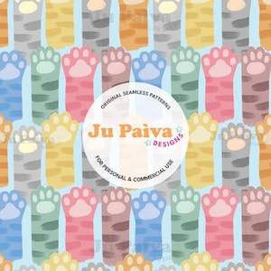 Colorful Cat Paw Seamless Pattern | Blue Background, Cute Pet Doodle Art, Digital Download for Sublimation, Fabric, Crafts