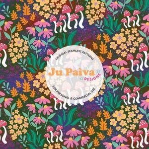 Whimsical Mushroom Floral Seamless Pattern | Dark Background, Leaves, Cute Nature Art for Sublimation, Fabric & Crafts