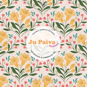May include: Seamless floral pattern featuring yellow bell-shaped flowers, red buds, and green leaves on a speckled pink background. The design includes the text "Ju Paiva Designs" and "Original Seamless Patterns". For personal and commercial use.