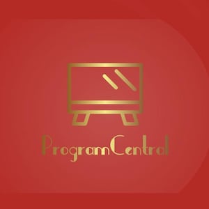 May include: Gold-colored logo of a television on a stand, with two diagonal lines inside the screen, and the words "Program Central" below. The background is a gradient of red.