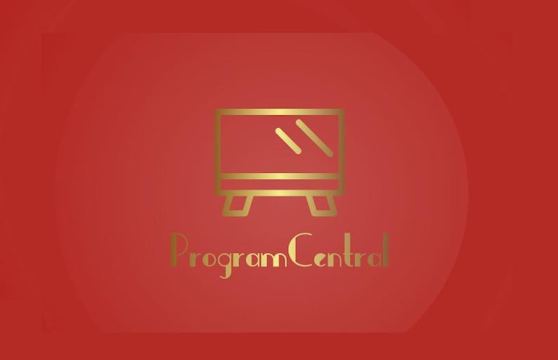 May include: Gold-colored logo of a television on a stand, with two diagonal lines inside the screen, and the words "Program Central" below. The background is a gradient of red.