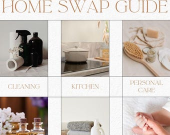 May include: A guide titled "Non-Toxic Home Swap Guide" with sections for cleaning, kitchen, personal care, fragrance & air, laundry, and baby & family. Each section features related items like cleaning supplies, a pot, and towels.