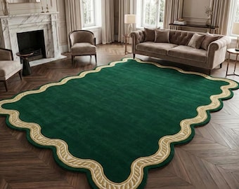 Emerald Green Scalloped Rug with Gold Border Handmade Tufted Area Rug