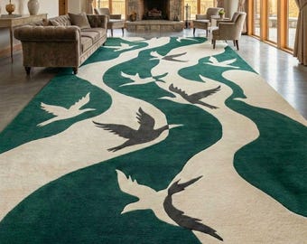 8x10 Emerald Crane Tufted Rug, Abstract Bird Handmade Area Carpet 8x10 9x12 10x14