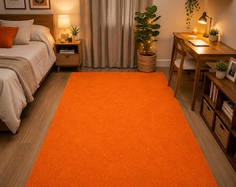 Alfombra naranja de pelo cortado hecha a mano de 2,7 x 3,6 m, alfombra minimalista, alfombra moderna para sala de estar, alfombra de lana de color liso para decoración 1,2 x 1,8 m, 1,2 x 2,1 m, 1,8 x 2,4 m.