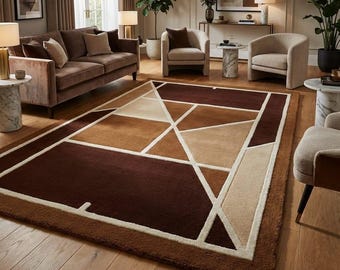 Brown Geometric Tufted Area Rug Modern Abstract Living Room Decor