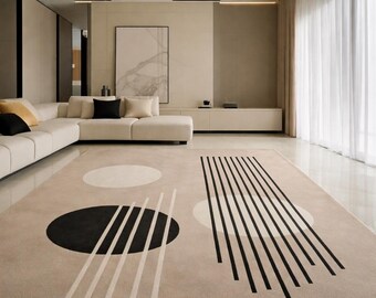 Modern Geometric Tufted Rug, Abstract Beige Black Carpet, Minimalist Living Room Rug, Handmade Area Rug Decor 5x8 6x9 7x10 8x11 9x13