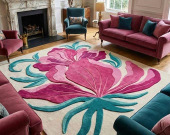 Alfombra floral tejida a mano de 8x10 9 x 12 pies, alfombra de lana con flores rosas, alfombra de lujo para la decoración de la sala de estar, alfombra botánica moderna de 5x8 6x9 7 x 10 pies