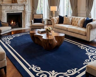 Navy Blue Border Tufted Rug, Luxury Classic Living Room Carpet