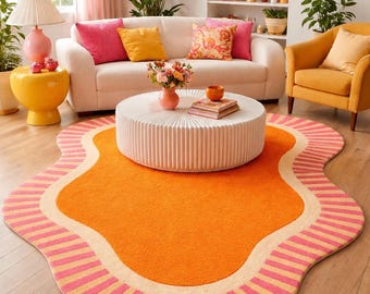 Alfombra abstracta naranja, alfombra de forma irregular, alfombra de lana tejida a mano, alfombra moderna, alfombra con borde rosa y amarillo, alfombra de diseño de lujo, alfombra a medida