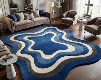 Handmade Tufted Blue Abstract Rug, Modern Wavy Area Rug, Luxury Living Room Carpet, Custom Irregular Shape Rug