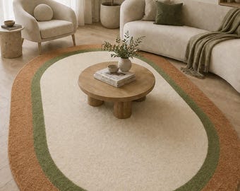 Hand Tufted Wool Rug, Modern Neutral Oval Rug, Green Border Area Rug, Minimalist Living Room Rug, Custom Handmade Carpet