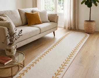 Alfombra de pasillo tejida a mano, alfombra de pasillo beige neutro, alfombra con borde botánico, decoración de suelo minimalista moderna