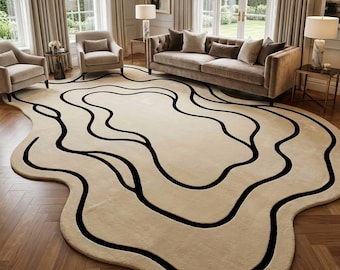 Hand Tufted Abstract Area Rug, Modern Irregular Shape Rug, Beige Black Living Room Carpet, Luxury Designer Rug