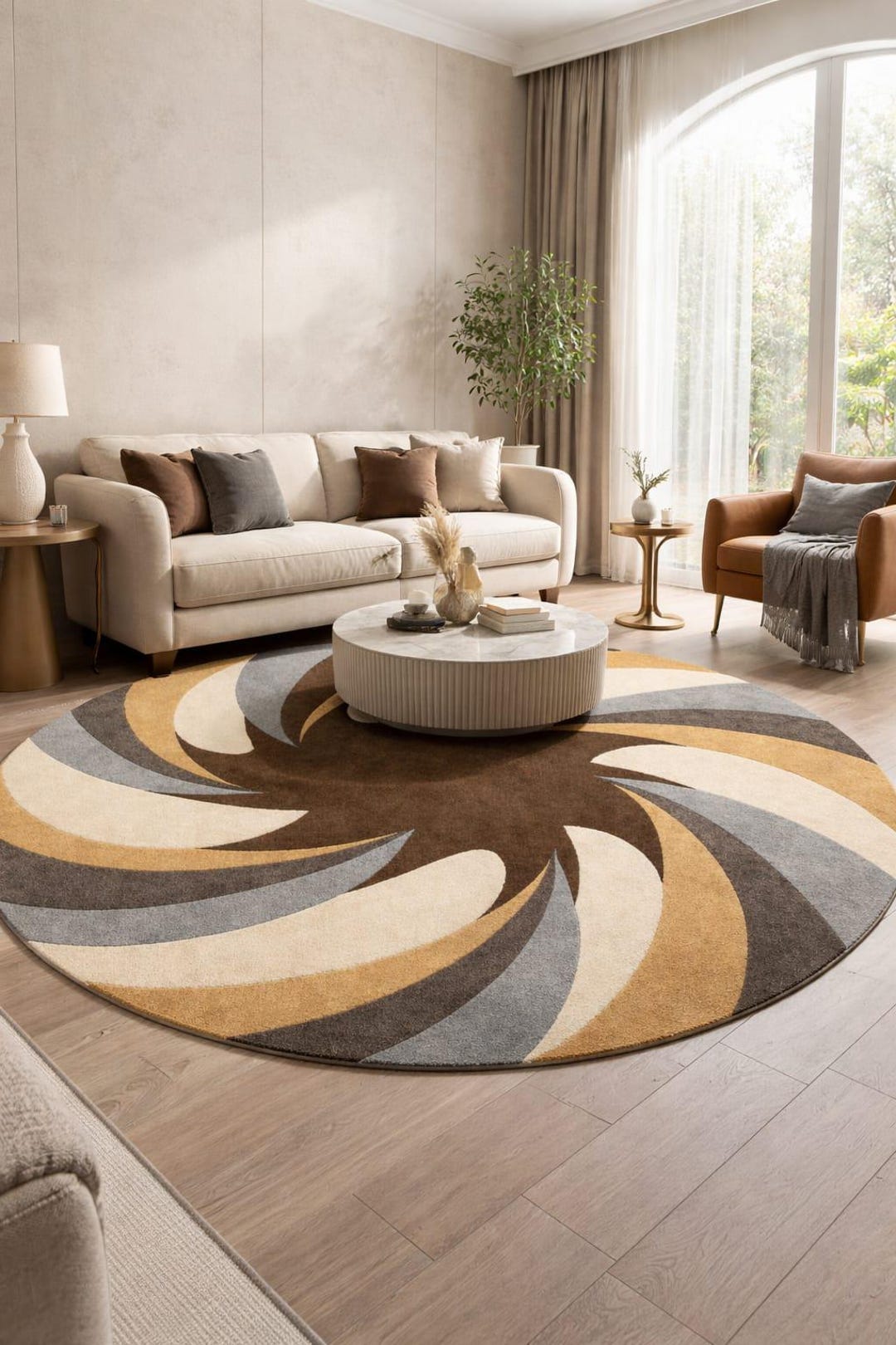 Round Abstract Swirl Tufted Rug, Modern Brown Beige Gold Area Rug ...