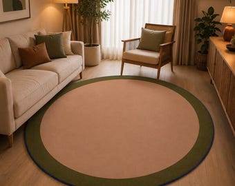 Alfombra redonda hecha a mano de 12 x 12 pies, alfombra minimalista, alfombra moderna neutra, decoración de sala de estar en color beige y verde oliva. 5x5, 8x8, 10 x 10 pies.