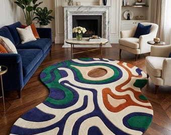 Handmade Tufted Abstract Rug, Modern Irregular Shape Rug, Luxury Living Room Carpet, Colorful Designer Rug, Unique Art Rug