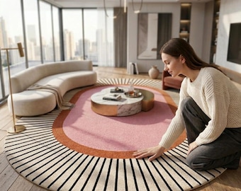 Alfombra ovalada grande moderna retro de 2,4 x 3 metros, tejida a mano, 100 % lana – rosa, diseño de rayos de sol en terracota – estilo moderno de mediados de siglo.