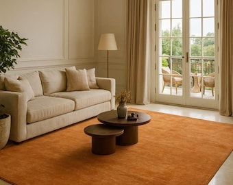 Handmade Tufted Orange Rug, Minimalist Living Room Carpet, Modern Solid Area Rug, Custom Wool Rug Home Decor