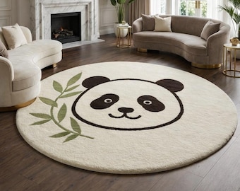 Cute Panda Round Rug, Kids Room Tufted Rug, Animal Nursery Rug, Panda Bear Carpet, Handmade Round Nursery Decor Rug
