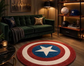 Alfombra Captain Shield con mechones, alfombra redonda hecha a mano, alfombra inspirada en superhéroes, decoración para habitaciones infantiles, alfombra para gamers.