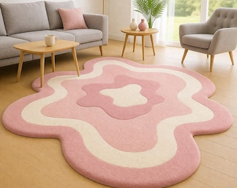 Pink Abstract Tufted Rug Handmade Modern Area Rug Wavy Shape Carpet Aesthetic Living Room Bedroom Soft Decor