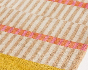 Alfombra de rayas tejida a mano de 8 x 10 pies, color beige, rosa y amarillo, estilo moderno minimalista. Tamaños disponibles: 4x6, 5x7, 6x8, 7x10, 8x11, 9x13.