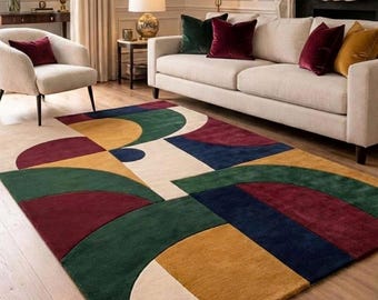 Handmade Tufted Rug, Abstract Geometric Area Rug, Modern Colorful Carpet, Living Room Statement Rug, Luxury Home Decor