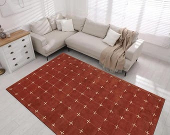 Tappeto tuftato fatto a mano, tappeto moderno a griglia in terracotta, tappeto minimalista per soggiorno, tappeto in lana color ruggine, arredamento contemporaneo per la casa 5x8 8x10