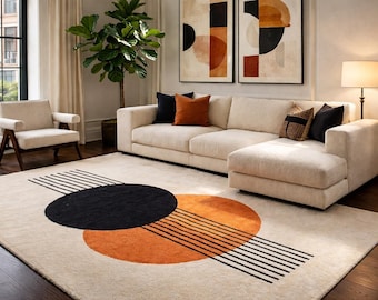 Modern Abstract Tufted Rug, Geometric Cream Black Rust Area Rug, Handmade Minimalist Living Room Carpet Decor