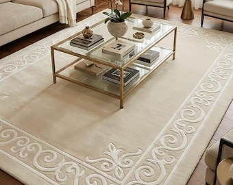 Alfombra beige hecha a mano de 8 x 10 pies, con borde minimalista, ideal para salas de estar. Tamaños personalizados: 5x8, 6x9, 7x10, 8x10, 9x12, 9x13.
