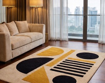 Modern Geometric Tufted Rug, Abstract Beige Black Mustard Area Rug, Handmade Minimalist Living Room Carpet Decor 4x6 5x7 6x8