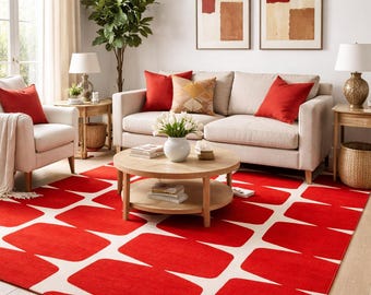 Alfombra abstracta roja de 8 x 10 pies, hecha a mano, moderna, geométrica, para sala de estar, alfombra de diseño llamativo para el piso, 4x6, 5x8, 6x9, 7x10.