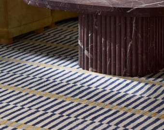 Alfombra de lana a rayas tejida a mano, alfombra geométrica moderna azul verdosa, decoración contemporánea para sala de estar y dormitorio, área de tamaño personalizado