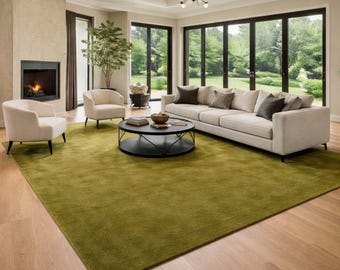 Handmade Tufted Green Rug, Modern Minimalist Area Rug, Custom Size Living Room Carpet, Soft Wool Floor Rug Decor