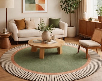 Handmade Tufted Round Rug Green Beige Modern Minimalist Area Rug Scandinavian Living Room Carpet 6x6 7x7 8x8