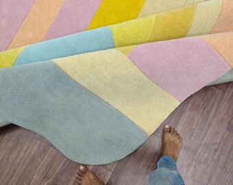 Alfombra abstracta de pelo cortado en tonos pastel de 10 x 14 pies, alfombra moderna hecha a mano, alfombra geométrica colorida de 5x7, 6x8, 6x9, 7 x 10 pies.